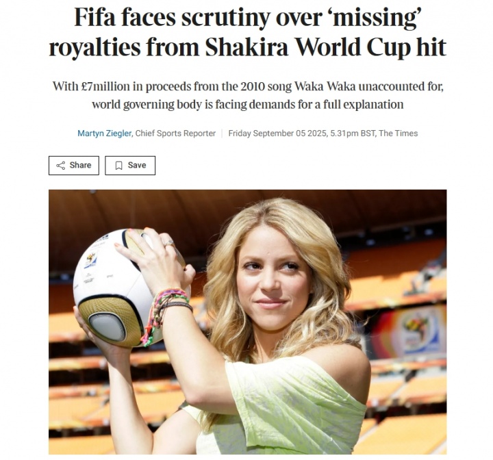 kaiyun-700万镑去向不明！英媒：FIFA被要求解释《Waka Waka》的版税用途