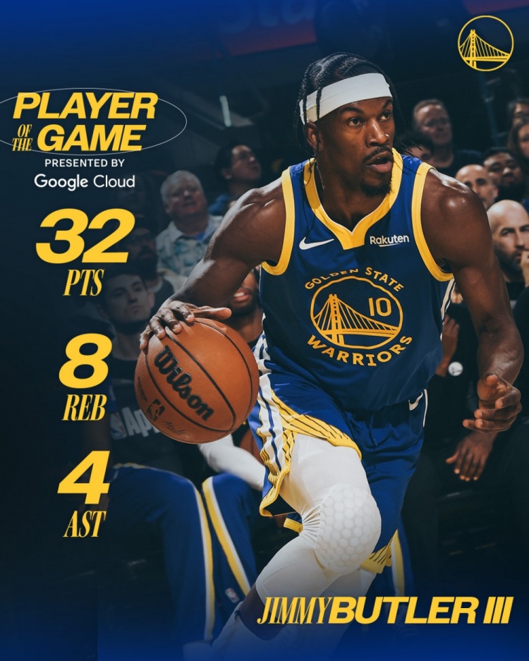 开云APP-32分赛季新高！勇士官方发布本场最佳数据海报：吉米·巴特勒